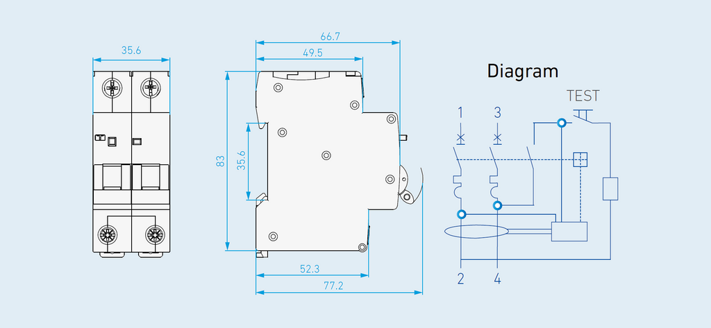 Maßzeichnung Hyundai FI/LS-Schalter RCBO 2-polig für Phase + Neutralleiter, 6kA 30mA Typ A