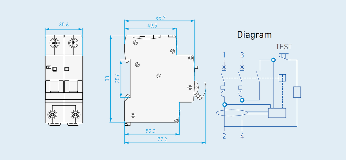 Maßzeichnung Hyundai FI/LS-Schalter RCBO 2-polig für Phase + Neutralleiter, 6kA 30mA Typ A