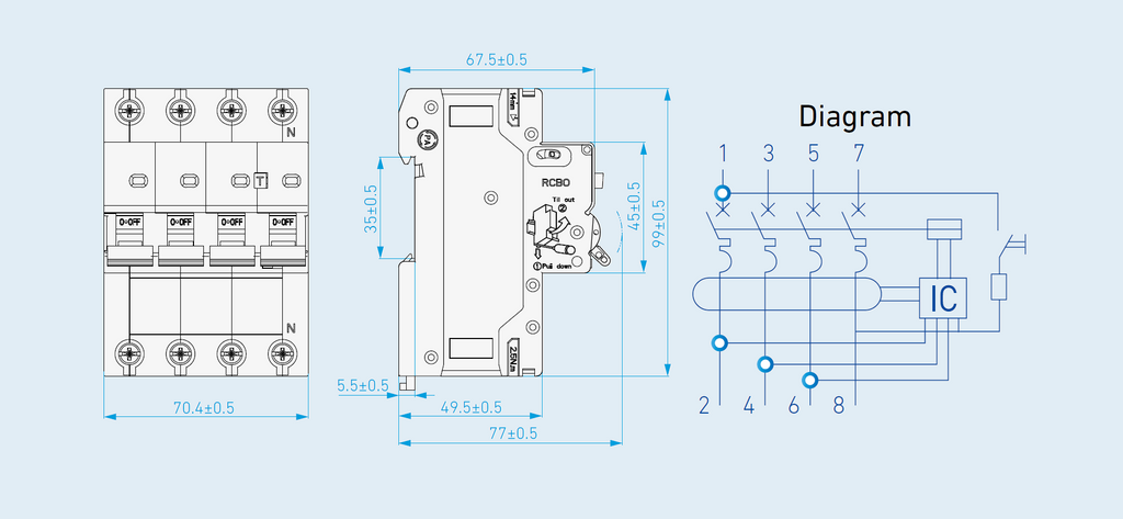 Maßzeichnung Hyundai FI/LS-Schalter RCBO 3P+N 6kA Typ A