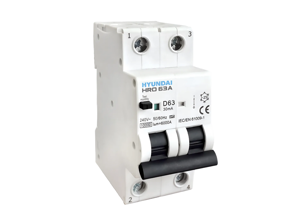 Hyundai FI/LS-Schalter RCBO 2-polig für Phase + Neutralleiter, 6kA 30mA Typ A, 10–25A