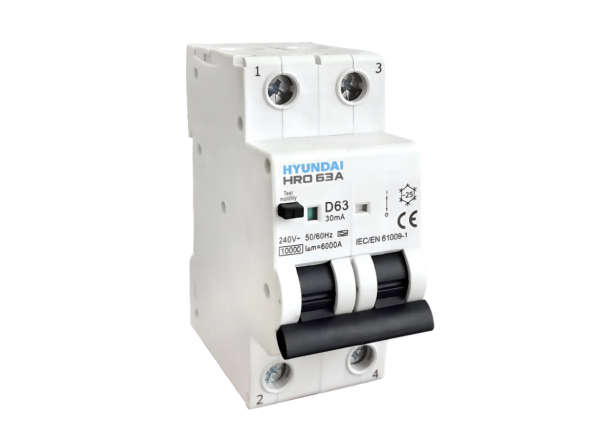 Hyundai FI/LS-Schalter RCBO 2-polig für Phase + Neutralleiter, 6kA 30mA Typ A, 10–25A