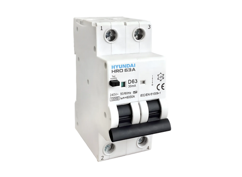Hyundai FI/LS-Schalter RCBO 2-polig für Phase + Neutralleiter, 6kA 30mA Typ A, 10–25A